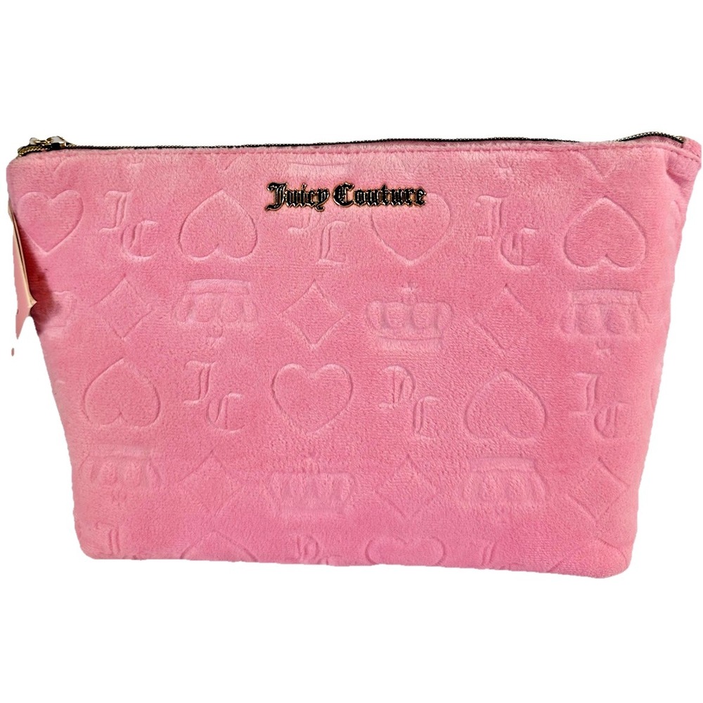 Juicy Couture Pink Velour Cosmetic Bag Travel Case Heart Crown Logo New